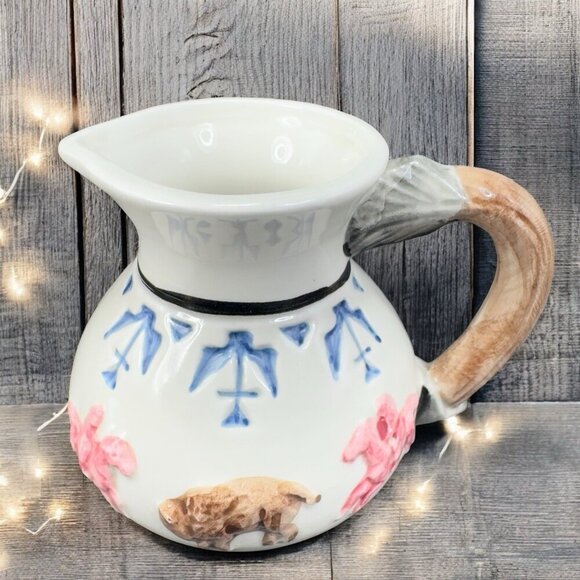 Vintage Omnibus Fitz & Floyd Ceramic Small Pitcher Creamer Buffalo Hunt Scene - Picture 2 of 15